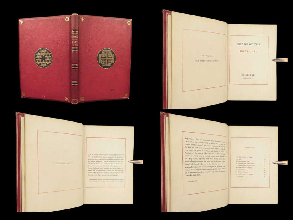 1846 rare 1ed songs of holy land maxwell israel palestine bible limited ed to 40 | william stirling maxwell was a 19<sup>th</sup>-century scottish historian known for his annals on the lives of spanish artists, charles v, and even napoleon. It was, however, his collection of middle eastern poems that have set him apart from other such historians. ‘songs of the holy land’ is a collection of verse poetry on various topics from palestine and israel including: <ul> <li>isaac and his wives</li> <li>jael and the battle of mount tabor</li> <li>jephthah</li> <li>rizpah the concubine of saul</li> <li>king shallum, 8<sup>th</sup>-century bc king of israel</li> <li>the dry bones in the story of ezekiel</li> <li>apocryphal figure of judith</li> </ul>   note the beautiful red moroccan leather binding as well as the bookplate of the author himself!