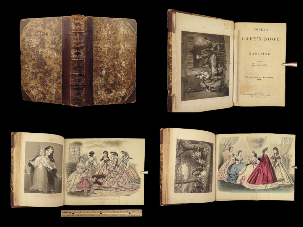 1863 fashion godey lady’s book illustrated dress costume rare civil war edition | ‘<em>godey’s lady’s book’ </em>was a 19<sup>th</sup>-century american magazine known for its collection of poetry, illustrations, and articles by prominent female authors and artists. It addressed fashion trends, women’s dress, and directions on how to make dresses and garments. This 1863 volume provides an excellent view into the styles and fashion of civil war-era america. Note the full-page engravings throughout.   ‘<em>godey’s lady’s book’ </em>was also a source of popular literature at the time; many volumes featured the work of prominent authors and poets.