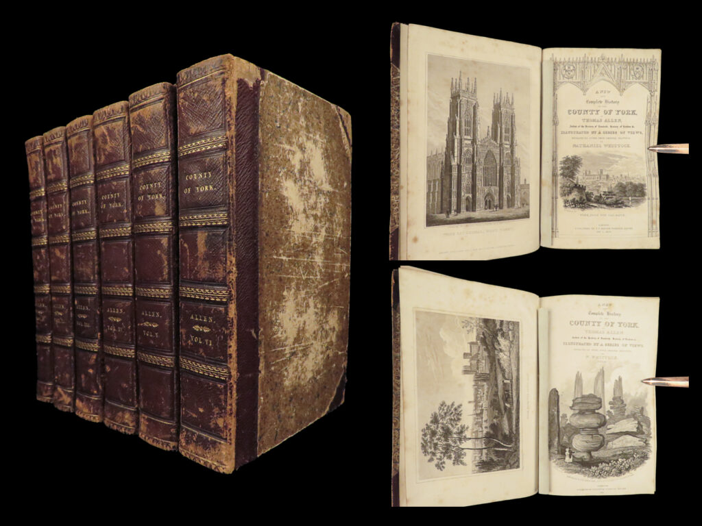 1828 county of york 1ed england yorkshire cathedrals & castles illustrated 6v | thomas allen’s “<em>history of the county of york</em>” is the best 19<sup>th</sup>-century account of yorkshire, england. This impressive, 6-volume first edition features more than 140 full-page engravings depicting iconic cathedrals and castles from around north england. It notably contains descriptions of the buildings as well as accounts of famous royals, nobles, and clergy.