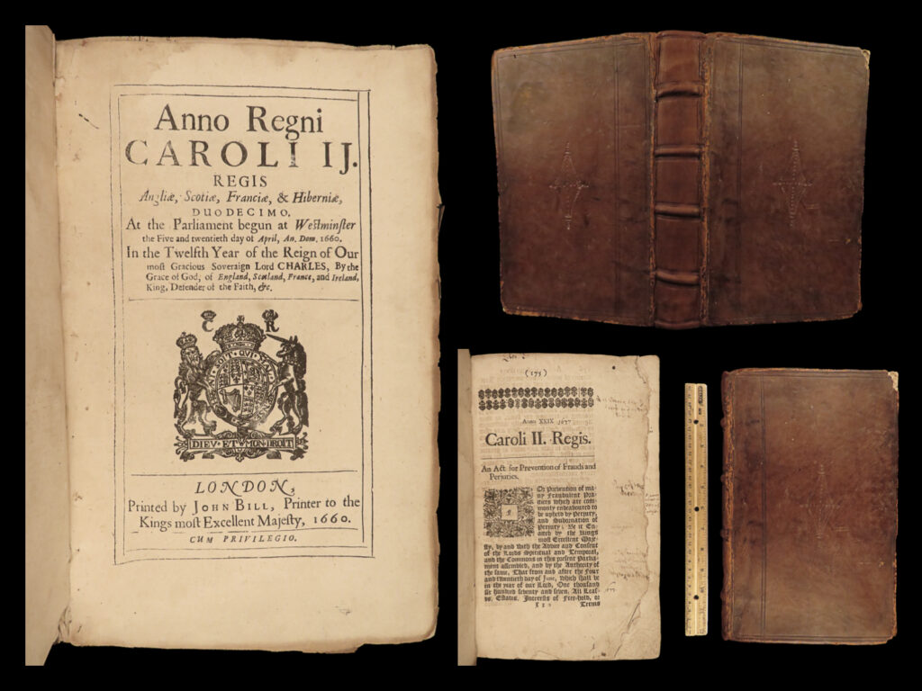 1660-85 stuart restoration acts of parliament charles ii england scotland folio | a rare and impressive collection of 17<sup>th</sup>-century printings of acts of parliament during the reign of charles ii from 1660 through this death in 1685. This book is <strong>one of the best works describing the events of the stuart restoration in 1660</strong>. Interesting topics covered in this work include acts discharging prisoners, irish import cartels, and much more.