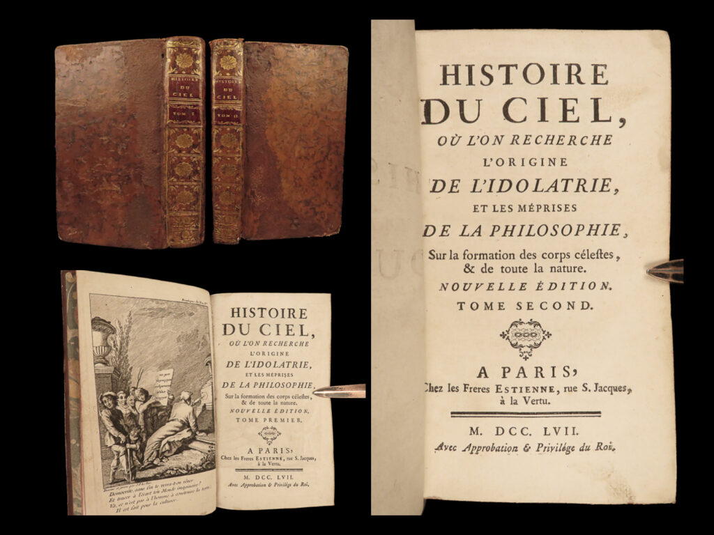 1757 astrology cosmogony occult pagan egyptian mythology illustrated pluche 2v | <em>‘the history of the sky’ </em>by noel antoine pluche, is one of the most important and well-known treatises on astronomy and cosmology. This rare edition, published by estienne, is illustrated with 24 full-page engravings by j. P. Le bas. These images depict mythological beings and creatures, sculptures and art of ancient egyptian gods, and other important historical esoteric and pagan symbols.   in this work, pluche “restated his opposition to the cosmologies proposed by physicists. He also attempted to demonstrate that monotheism preceded polytheism. ” (dsb).