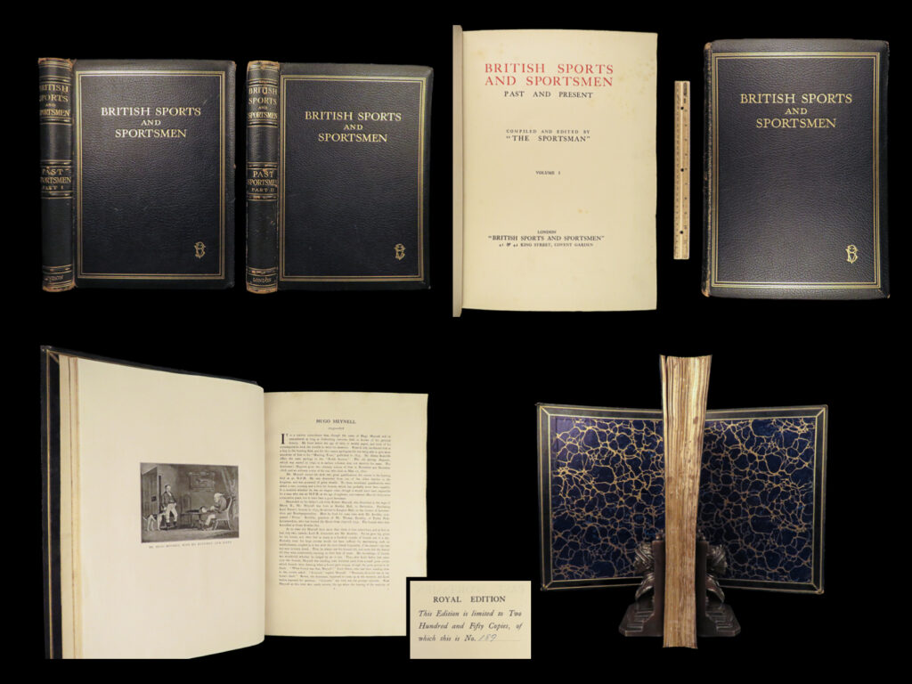 1908 british sports & sportsmen cricket fox hunting soccer footballers huge 2v | “<em>british sports and sportsmen</em>” is a rare, early 20<sup>th</sup>-century survey of famous hunters, cricketers, footballers, and animal racers of great britain – men who held prominent positions throughout england whether political or societal. The unnamed author begins this collection of biographies with figures from the mid-18<sup>th</sup>-century, most notably hugo meynell, the father of modern fox hunting for his role in the quorn hunt.   this 1908 limited edition was published as part of <strong>only 250 copies. </strong> this particular two-volume, folio example is numbered no. 189 and is filled with <strong><u>hundreds of portrait engravings</u></strong>!