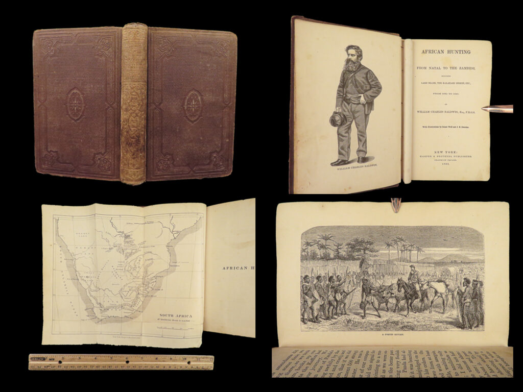 1863 african hunting 1st ed big game illustrated william baldwin travel africa | <em>“african hunting” </em>was made up from the journals of william c baldwin, which were kept during the discomforts of pioneering travels. His prose is straight- forward, moving forward with a pace which sometimes gives scant attention to detail. This work is features incredible illustrations throughout, some of which are hand colored!