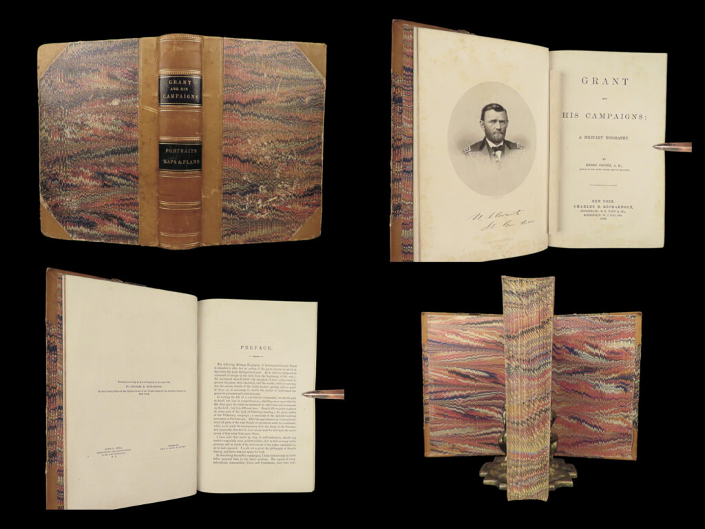 1866 civil war 1st ed us grant campaigns battle maps vicksburg american politics | <em>“i only knew what was in my mind, and i wished to express it clearly” </em> ― ulysses s. Grant <em> </em> a rare post-civil war printing of coppee’s “<em>grant and his campaigns</em>”. This book tells the specific of ulysses s grant’s military career and the influences that directed his civil war decisions. It also gives details on individual battles such as the battle of vicksburg.   this particular example is beautifully bound in fine leather with marbled boards and pastedowns.