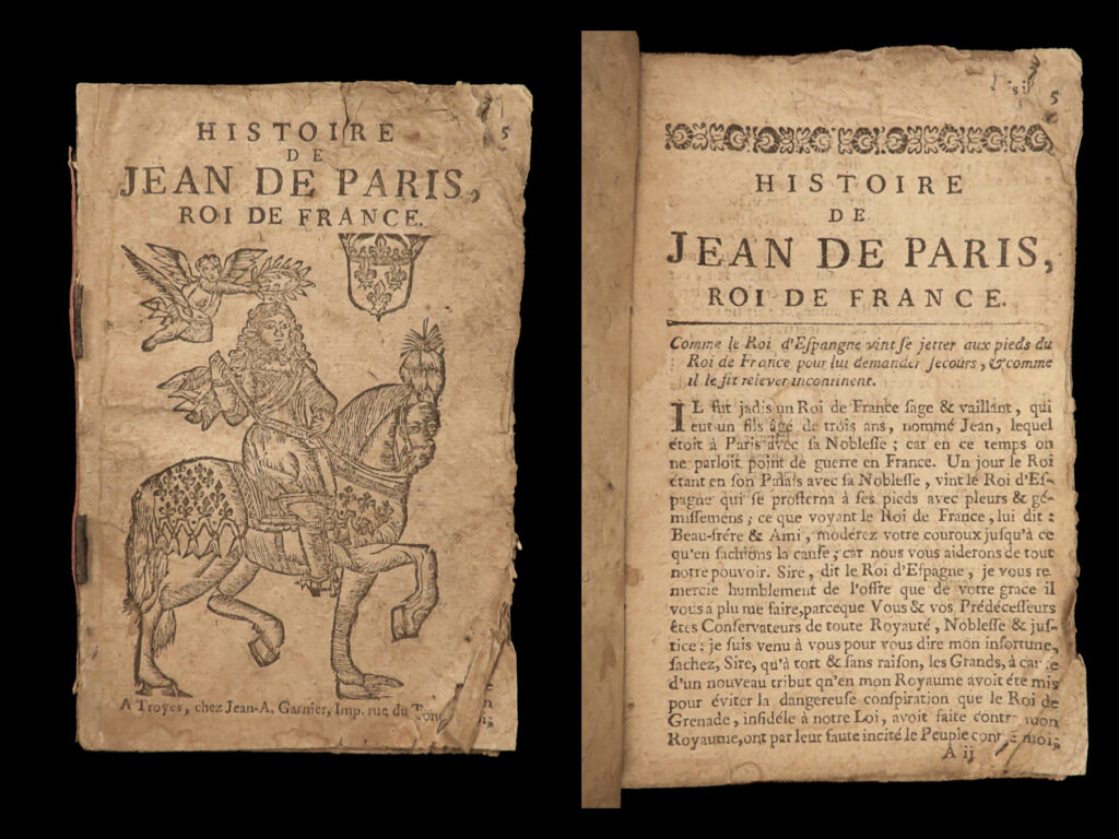 1738 chapbook jean de paris french charles viii france spain troyes chivalry | ‘<em>jean de paris’</em> is a rare, 15<sup>th</sup>-century fictional romance written by an unknown author. This work tells the story of jean, the son of the king of france and his eventual ascension to the throne through descriptions of political diplomacy with spain and england, identity concealment, and royal marriage. While the date that this book was first written is unknown, it is likely that it was written during the reign of charles viii of france.   this 1738 french edition was published in troyes by garnier and features a fine, woodcut engraving on the title page.
