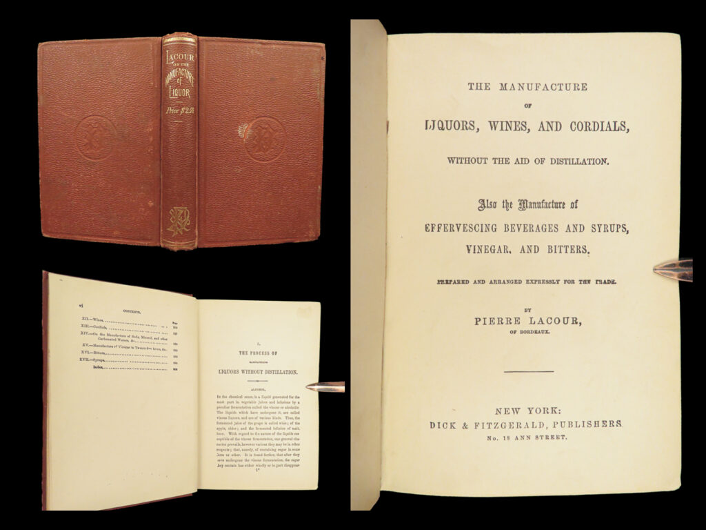 1863 manufacture of liquors wine cordials beer brewing alcohol mixology cocktail | “<em>the manufacture of liquors, wines, and cordials, without the aid of distillation</em>” by pierre lacour is a fascinating guide on producing a wide array of alcoholic drinks. Lacour emphasizes the production processes, hinting at the potential health risks of consuming adulterated liquors. He also describes the materials and techniques used offering recipes employed by prominent european manufacturers. Topics covered range from the concealment of grain oil odor in domestic liquors to the quick production of vinegar. Additionally, the book explores the ingredients used in flavoring and touches upon the manufacture of carbonated beverages, syrups, and bitters.