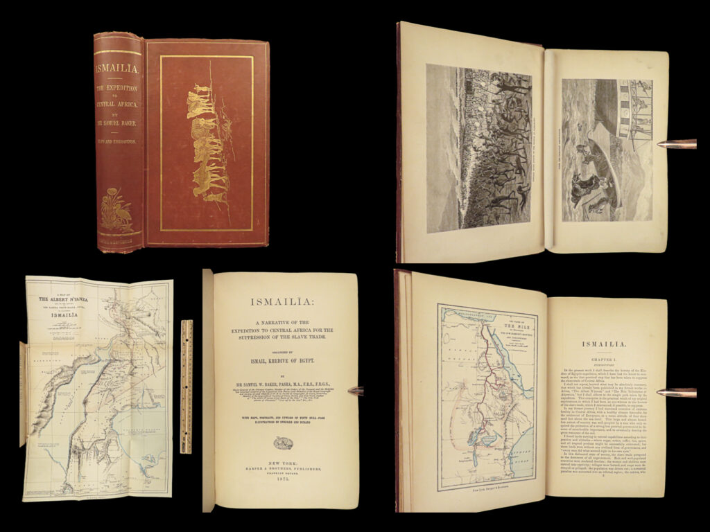 1875 slave trade ismailia 1ed africa sudan egypt illustrated african slavery baker | <em>‘ismailia’ </em>is a classic work aimed to bring awareness to and suppress the slave-trade in central africa. Written by samuel baker, this work sheds light on the horrors of slave owners as well as describing the slave administration in sudan. Baker was the first englishman to sit in a high office of the egyptian government.   this first edition was published in london and is filled with dozens impressive engravings and a folding map.  