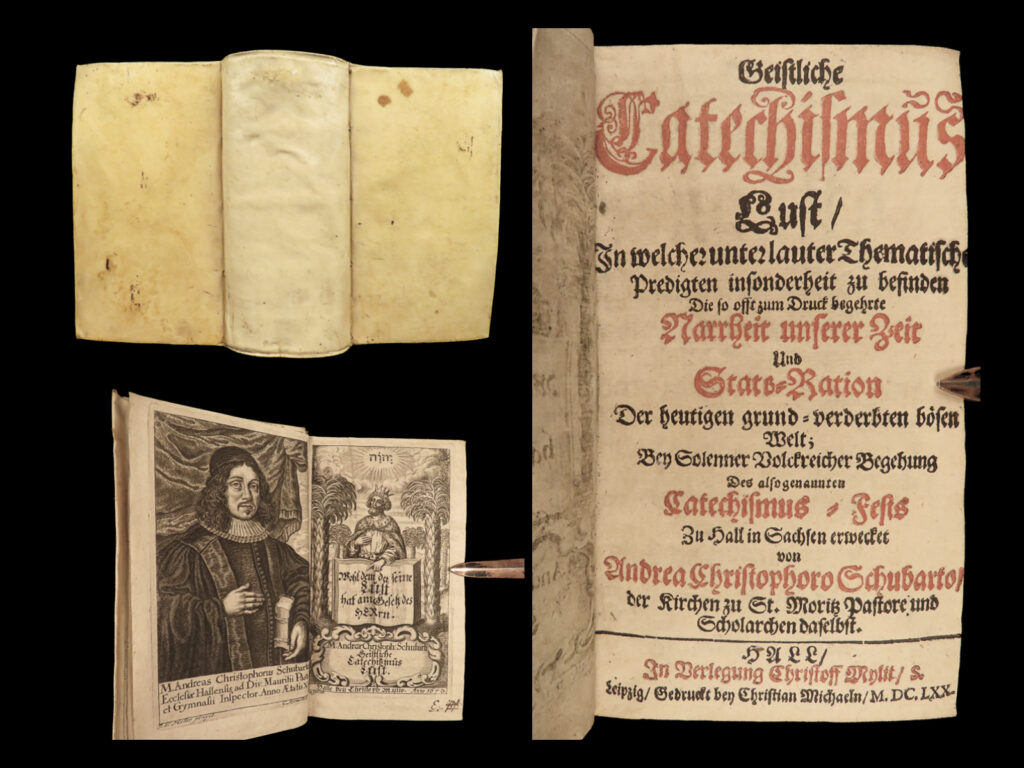 1670 schubart german sermons catechismus leipzig philosophy physics catechism | a rare 17<sup>th</sup>-century collection of german sermons by andreas christoph schubart. The treatises found in this vellum-bound tome include schubart’s views on ethics, physics, and metaphysics through the lens of scripture-based sermons.