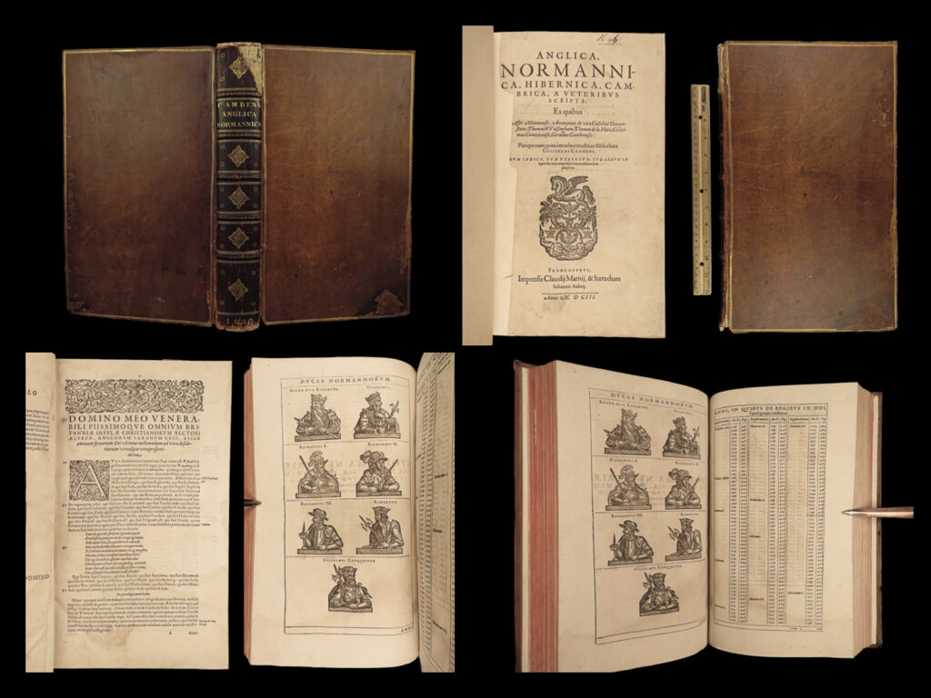 1603 william camden history of britain ireland norman invasion wm the conqueror | <em>“the best edition of camden! ”</em> <em> </em> a fine, early 17<sup>th</sup>-century printing of william camden’s “<em>anglica, normannica, hibernica, cambrica, a veteribus scripta</em>. ” this second edition is considered the best edition of this work (payne & foss) and is a work of historical texts related to the history of britain. It includes famous battles and invasions, such as the william the conqueror’s norman invasion of ireland. In the late 12<sup>th</sup>-century, gerald of wales wrote a history of henry ii conquest of ireland. Camden created a modern approach to the histories of england, and in this latin text, includes specimen of old english which would be the “preface to gregory’s pastoral care, taken from parker’s asser. ” (adams, <em>old english scholarship</em>). <strong>this book was famously in thomas jefferson’s library </strong>(gilreath & wilson).