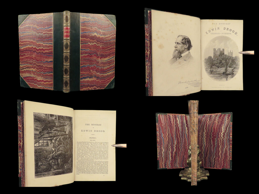 1870 charles dickens 1st ed mystery of edwin drood unfinished novel illustrated | a rare first edition of charles dickens’ last unfinished novel, ‘<em>the mystery of edwin drood’</em>. This first book edition was published by chapman and hall in 1870 following the monthly installment releases. It features 12 illustrations by s. L. Fildes and is beautifully bound. <em> </em> <em>‘the mystery of edwin drood’ </em>follows the story of orphan edwin drood’s uncle who, in addition to being a choirmaster, is an opium addict who is in love with drood’s fiancée.