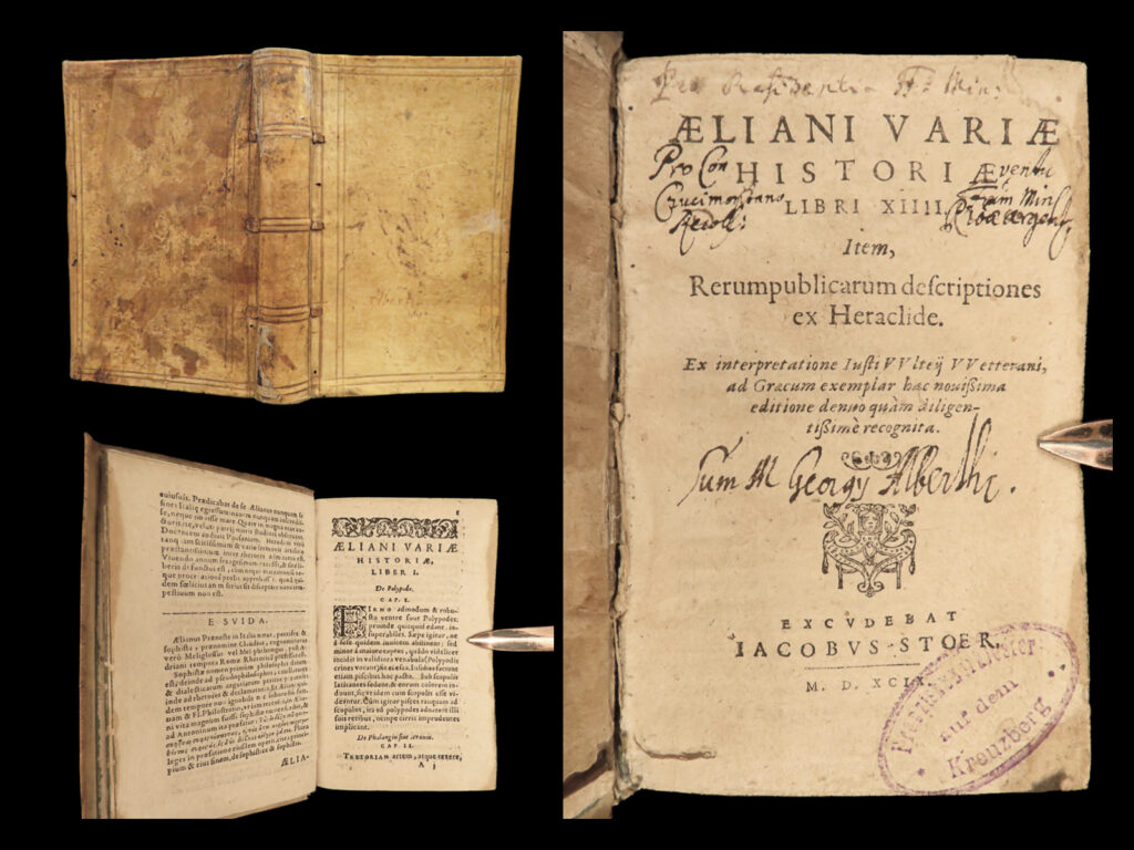 1599 claudius aelianus varia historia greco-roman history greek mythology latin | claudius aelianus was a 2<sup>nd</sup>-century roman orator known for his lessons in greek and works that describe greco-roman lifestyle and worldviews. Only two of his works have survived, one being ‘<em>varia historia’</em> – a collection of anecdotes, maxims, biographical sketches, and reports of natural wonders. Aelianus describes mythological heroes, living rulers and caesars, olympic athletes, religious beliefs, funeral customs, greek art, fishing techniques, serpent and animal worship, styles of dress and costumes, and the lives of greek and roman playwrights.   <em>‘varia historia’</em> is generally considered to be a 3<sup>rd</sup>-century work, even though the first edition was not printed until 1545. This 1599 latin edition was published in geneva by jean de stoer.