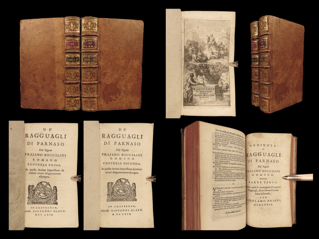 1669 greek mythology boccalini parnassus satire italian authors monmouth 2v set | trajano boccalini was a 16<sup>th</sup>-century italian author <strong>known for his most important work “<em>ragguagli di parnaso</em>”. </strong> this work is a story on mythology in which he satirizes the works and lives of other italian authors through the lens of apollo. This 1669 italian edition was published in amsterdam in two leather-bound tomes. A beautiful edition – in fact, <strong>brunet calls this edition ‘the prettiest’. </strong>