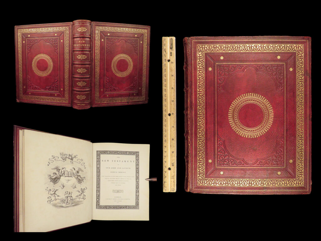 1865 exquisite italian renaissance bible illustrated art raphael titian angelico | an extremely desirable mid-19<sup>th</sup>-century english new testament bible. While bibles from this era are relatively abundant, this edition is one of the rarest illustrated versions. This 1865 bible features beautiful engravings of the artwork of high-profile italian renaissance artists including fra angelico, pietro perugino, lorenzo di credi, titian, raphael, and gaudenzio ferrari.   per darlow & moule, “edited by thomas longman. The initial letters and all the decorative portions were designed or drawn on wood by henry shaw, and the figure illustrations drawn and engraved under his supervision. ”  