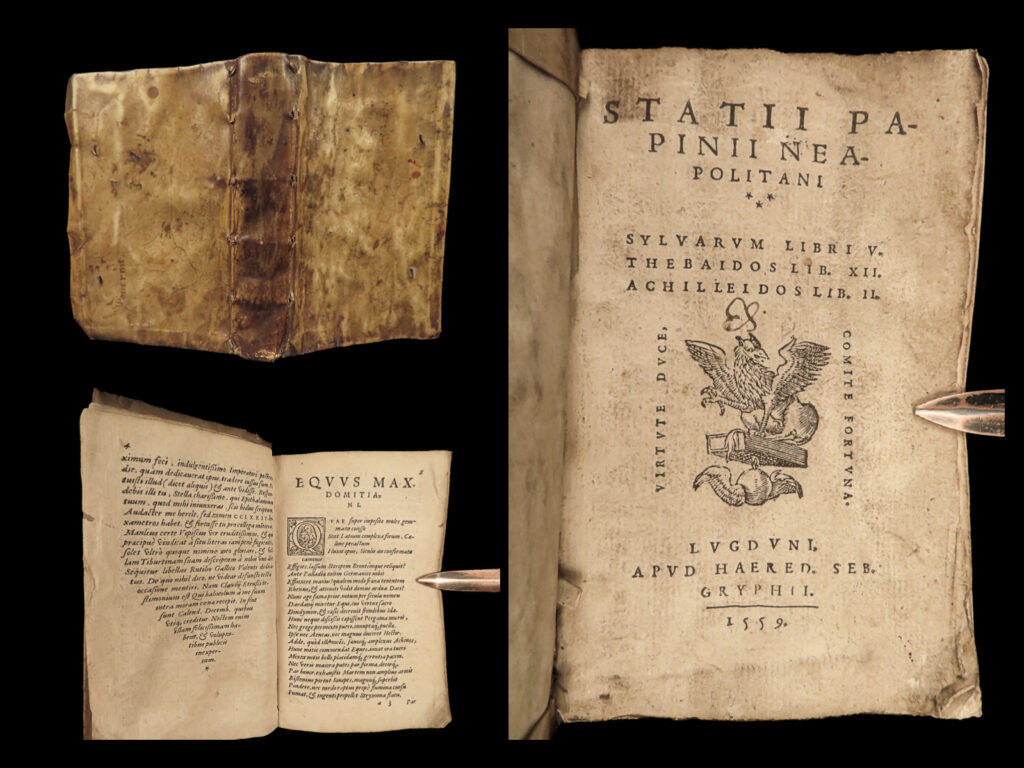 1559 statius rome mythology achilles thebaid silva influenced chaucer & dante | papinius statius was a 1<sup>st</sup>-century roman poet remembered for his epic poems ‘<em>thebaid’</em>, ‘<em>silvae’</em> and ‘<em>achilleid’</em>. These works tell famous stories of mythology and iconic heroes – namely oedipus and achilles. These poems were known to have had significant influence on juvenal as well as into the 12<sup>th</sup>-century on chaucer, dante, and boccaccio as well as dryden and grotius in the renaissance.   this 1559 edition is incredibly rare! It was published in lyon by sebastien gryphe and includes each of the three expected works of statius.