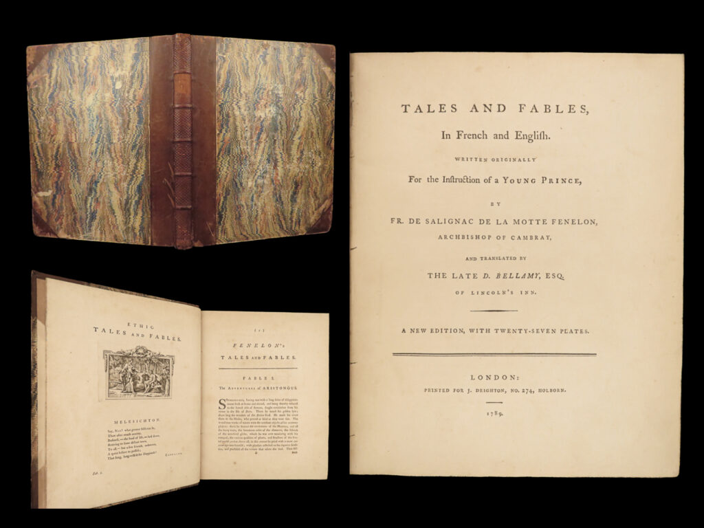 1789 fables francois fenelon tales & mythology abbas of persia aristonous folio |   primarily remembered for his novel “<em>the adventures of telemachus</em>”, francois fenelon was a french archbishop of cambray who wrote a number of poems and essays. ‘tales and fables’ is a collection of mythological and ancient stories including those of lesser-known figures such as aristonous, shah abbas king of persia, alfa route and clarifilia, celobulus and phillis, and many others.   this 1789 folio edition includes both french and english translations with separate pagination.