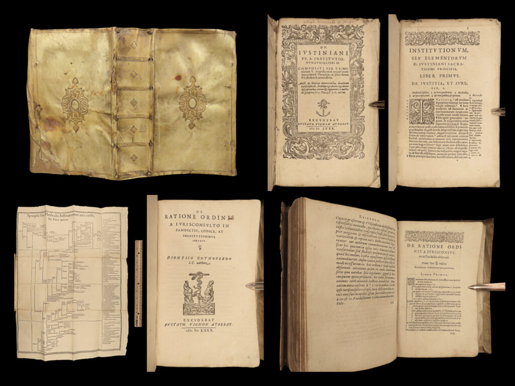 1580 law justinian institutes codex rome corpus juris geneva vignon pace vellum | <em>“freedom is the natural ability of everyone to do what he likes, unless it is prohibited by law or by force. ”</em> <em>― </em>justinian i   the<em> ‘institutes of justinian’ </em>is a portion of the full corpus juris civilis, largely based on the institutes of gaius. Justinian sought to reform roman law and education. This work was originally intended to be used by law students, but they were not solely used as a textbook, they carried legal weight …as law!   published by eustache vignon, this 1580 geneva edition was collected and edited by giulio pace.