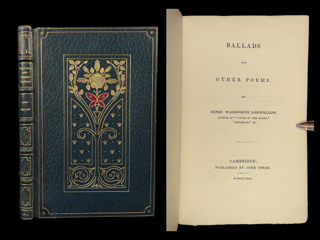 1842 exquisite 1st ed henry wadsworth longfellow ballads & poems excelsior rare | <em> </em> <em>“for after all, the best thing one can do when it is raining is let it rain. ” </em> ― henry wadsworth longfellow   henry wadsworth longfellow was one of the most important and well-known american poets of the 19<sup>th</sup>-century. He is highly regarded for his works such as ‘<em>the song of hiawatha’</em>. His ballads proved to quite popular as well, which were published here in this 1842 cambridge edition contains ballads and several other popular poems. Notable works found in this book include: <ul> <li>excelsior</li> <li>god’s acre</li> <li>goblet of life</li> <li>the skeleton in armour</li> <li>the wreck of the hesperus</li> <li>the luck of edenhall</li> <li>the elected knight</li> <li>the children of the lord’s supper</li> </ul>  