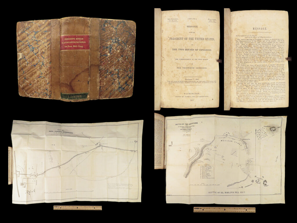 1847 texas mexico war 1ed president james polk mexican battle maps california | an enormous 1847 first edition printing of ‘<em>message from the president’</em> – a collection of speeches, american documents, charts, army maps, soldier letters and correspondence, and much more! Written during the presidency of james k polk and the mexican-american war, this huge tome contains battle reports and the effects of the war on the united states itself. The maps found in this book make it highly desirable and valuable – the maps of battles in california and new mexico are especially interesting.
