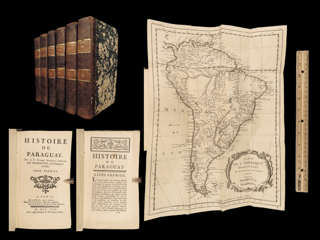 1757 history of paraguay 1ed charlevoix negro slavery jesuit voyages maps 6v |   pierre charlevoix was an 18<sup>th</sup>-century french jesuit writer known for his informational surveys of jesuit missionary voyages around the world. He published reports on voyages in paraguay, brazil and other south american countries, as well as voyages in asia even though he himself never visited these locations. His ‘<em>history of paraguay</em>’ is a valuable history of the jesuit missionary voyages to south america and includes extensive descriptions on paraguay, brazil, uruguay, and parts of argentina with information about local tribes. Perhaps cox’s description of the work is the most telling of its value: “the most complete and satisfactory work on paraguay, and the only one in which the vast system of the jesuits is fully developed, the position of the author affording him peculiar opportunities for its examination. ”   there were, however, some quite controversial inclusions in this book as well. According to christophe, “the belief in the predestination of blacks to slavery was so prevalent in the eighteenth century in france that the jesuit missionary, charlevoix, declared in his ‘<em>histoire du paraguay’</em> in 1756 that ‘<strong><u>slavery was the means used by god for the salvation of the negro’</u></strong>. ”   this impressive and highly valuable six-volume set is notable not just for its controversial commentary on slavery, but also for numerous folding maps of south america and its countries.