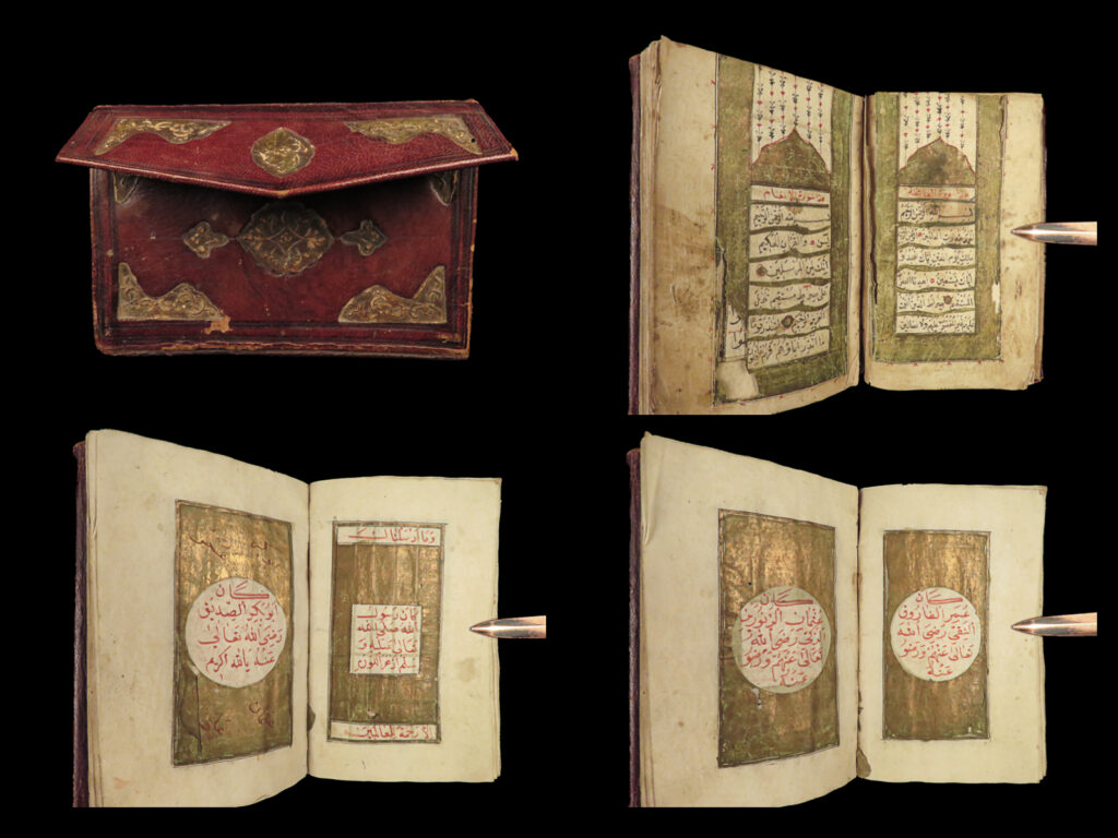 C1800 rare arabic handwritten manuscript illuminated middle east journal islam | a rare handwritten arabic manuscript written in a journal-style leather binding. This book contains both black and red inks throughout, highlighting the bold calligraphy. Please note: we do not read arabic and we are not entirely certain regarding the contents of this item, but the style is most certainly in accord with 18<sup>th</sup>-19<sup>th</sup> century binding, paper, and handwriting. Note the decorative moroccan leather binding.