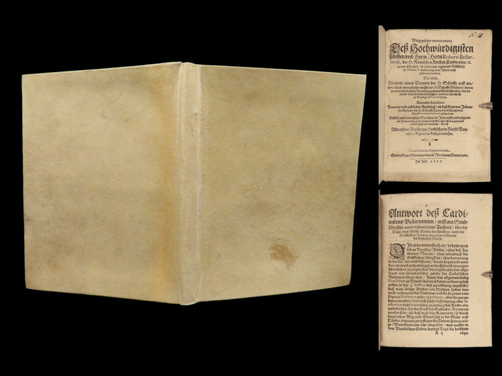 1607 robert bellarmine 1ed pope paul v letters catholic church galileo interest | robert bellarmine was one of the most important and influential jesuit cardinals of the 16<sup>th</sup> and early 17<sup>th</sup>-century. During the may 1605 papal conclave, bellarmine was considered a candidate for the papacy; however, pope paul v was ultimately chosen. Early in paul v’s papacy, bellarmine wrote a series of letters which supported the newly elected pope discussing catholic doctrine, early church fathers and martyrs, and even ecclesiastical law. It wasn’t until many years later that tensions arose between bellarmine and paul v. In 1616, bellarmine advised paul v against galileo galilei’s heliocentric views; a case which has become known as the galileo affair.   this 1607 printing of bellarmine’s letters was published only two years into paul v’s papacy. Printed in german, published in munich. <strong>a rare and important work on the early papacy of paul v</strong>.  