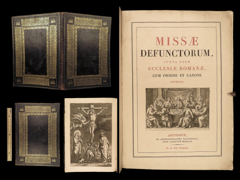 1837 requiem mass rare folio missa defunctorum catholic church music chant hymns | the requiem mass, or missa defunctorum, is one of the most important mass ceremonies of the catholic church – a funeral ceremony celebrating the soul of the deceased filled with chants, hymns, prayers, and illustrations. This 19<sup>th</sup>-century plantin, antwerp edition contains square-note chant, hymns, prayers, and liturgies.