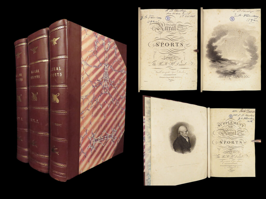 1801 hunting & fishing 1ed rural sports illustrated horses dogs falconry 3v set | william daniel’s “<em>rural sports</em>” is an early 19<sup>th</sup>-century history of outdoor sports and activities in england. Sports and games such as hunting and fishing have long been a staple pastime all over the world, and naturally countless books have been written and published on the matter. <strong>however, daniel’s ‘<em>rural sports’</em> is one of the best</strong> much in part to the exquisite, full-page engravings throughout! As expected of such a work, this book contains descriptions of fishing and fishing tackle, horse riding, game hunting, falconry, hunting dogs, and much more!  