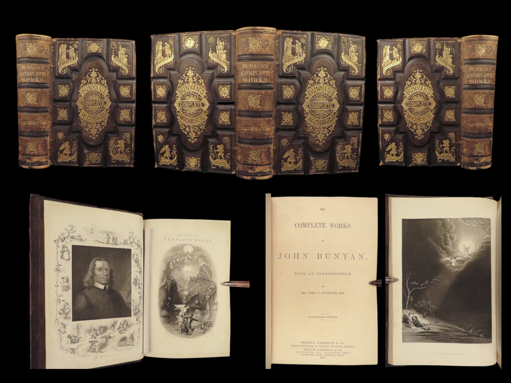 1872 exquisite john bunyan illustrated pilgrims progress mr badman binding | a beautiful edition of ‘<em>the complete works of john bunyan’</em>. This work includes his famous works such as <ul> <li>‘pilgrim’s progress’</li> <li>‘grace abounding to the chief of sinners’</li> <li>‘solomon’s temple spiritualized’</li> <li>‘jerusalem sinner saved’</li> <li>‘life and death of mr. Badman’</li> <li>‘the strait gait’</li> <li>many, many more</li> </ul>   this impressively bound 1872 edition features and introduction by john gulliver and 16 engraved plates by a. B. Walter displaying allegorical figures and scenes from bunyan’s works.