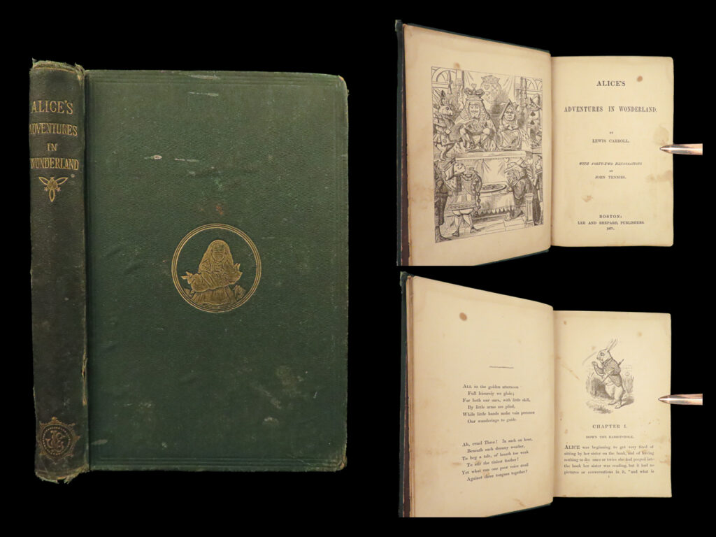 1876 alice in wonderland lewis carroll tenniel illustrated fantasy classic | <em>“</em><em>if i had a world of my own, everything would be nonsense. Nothing would be what it is, because everything would be what it isn't. And contrary wise, what is, it wouldn't be. And what it wouldn't be, it would. You see? ” </em> – lewis carroll<em>, alice in wonderland</em> <em> </em> lewis carroll’s landmark masterpiece, ‘<em>alice’</em><em>s adventures in wonderland</em>,’ was first published in 1865. This fascinating fantasy tale of a young girl falling down a rabbit hole, is surely one of the most iconic pieces of literature for all time. It has been adapted into many different versions of film, most notably by disney in 1951. <em> </em> a fine 1876 american edition of “<em>alice in wonderland</em>”, featuring forty-two of tenniel’s bizarre, cartoon illustrations including a charming cover board illustration. Tenniel’s illustrations are often considered the best of the ‘<em>alice’</em> illustrations.  