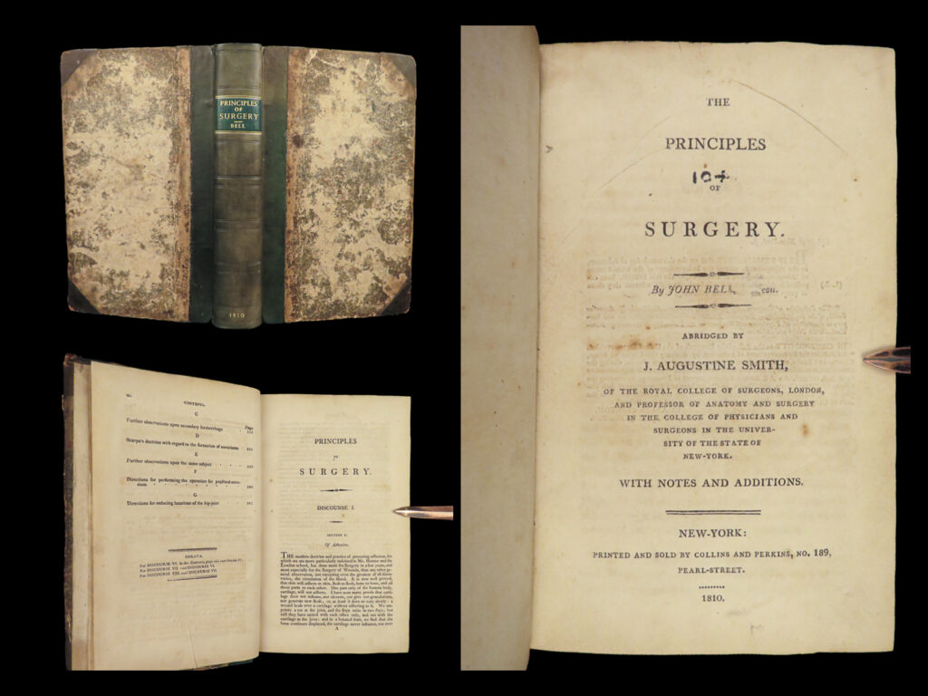 1810 surgery john bell 1ed principles pathology anatomy medicine bandages tumors | john bell was an 18<sup>th</sup>-century scottish surgeon who, like many physicians, published an important book on human anatomy. “<em>anatomy of the human body</em>” was highly desired throughout the turn of the 18<sup>th</sup>-century much in part to the exquisite full-page engravings included. His anatomy studies proved popular throughout the 19<sup>th</sup>-century, almost as popular as his “<em>principles of surgery</em>”. This treatise proved to be highly influential amongst surgeons and anatomists offer instruction on different types of surgical procedures.   this 1810 rare american edition of bell’s ‘<em>surgery’</em> was published in new york and includes numerous in-text illustrations throughout.
