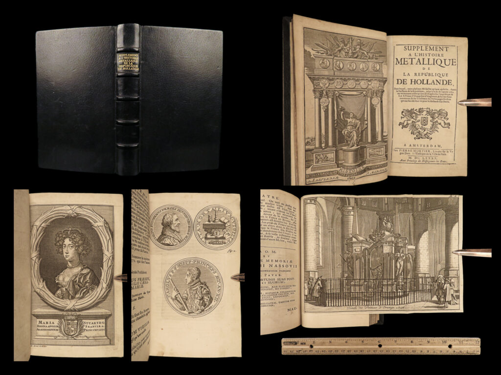 1690 numismatics 1ed coins bizot holland medals naval battle ships england kings | pierre bizot’s ‘<em>medalische historie</em>’ is a rare, 17<sup>th</sup>-century history of the commemorative medals that were made during in holland from 1566 to 1687. The illustrations in this book make it highly desirable – engravings of coins, medals, tombs, sepulchers, and portraits. Note that some of the coins features views of ships, naval battles, city views, and maps.   this 1690 supplement volume was published to further discuss coins from this era with additional plates – <strong><u>80 engravings</u></strong>!!