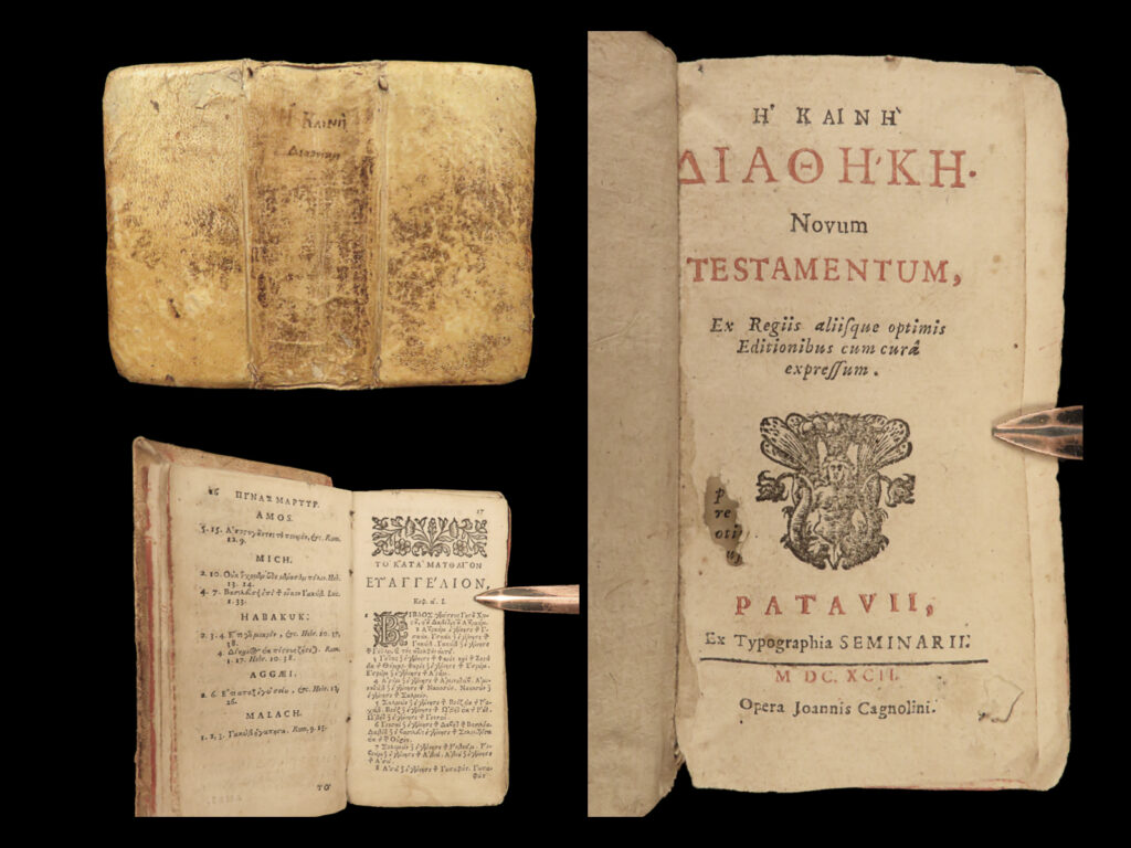 1692 bible 1ed greek new testament cagnolini elzevier padua italy rare vellum | a rare and desirable 17<sup>th</sup>-century greek new testament bible published in padua in 1692 by seminarii and johannis cagnolini. This small bible is printed entirely in greek and is considered quite rare. In fact, according to the oclc, this is the only known cagnolini edition of the greek new testament. The text itself follows the final elzevier edition (published in 1678) and the preface is the same of the elzevier printings.