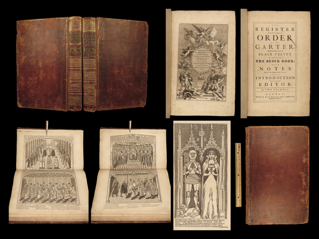 1724 famed black book 1ed arms order of the garter england heraldry illustrated | john anstis was a 17<sup>th</sup>-century english heraldry historian who served as the king of arms for the order of the garter. The order of the garter, established in the 14<sup>th</sup>-century, was <strong>one of the most prestigious chivalric orders in all of england</strong>. Because of his involvement in the order, anstis began collection heraldic arms of noble officers and members and published them in an impressive work that was infamously called ‘<em>the black book’</em>! More commonly called ‘<em>the register of the order of the garter’</em>, this two-volume work features huge, full-page displays of heraldic arms with detailed memoirs of each member.   according to wagner in “<em>heralds of england</em>”. “glover, camden and dugdale are formidable names, yet it may be questioned whether anstis did not in strictly heraldic learning surpass them all. In perusing his manuscript remains one is constantly astonished at the breadth and depth of his scholarship and his mastery of a vast range of primary sources. ”   this 1724 first edition is complete and includes both volumes. Anstis had hoped to publish 8 volumes, but only these two came to fruition. Notable figures mentioned in this set include: <ul> <li>sir henry guildford</li> <li>charles montagu, earl of halifax</li> <li>esme stewart, duke of lennox</li> </ul>