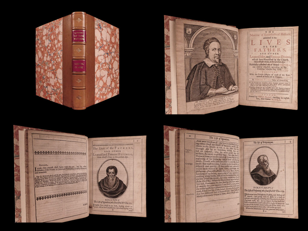 1650 church history 1ed clarke marrow augustine latimer luther calvin perkins |   <em>samuel clarke’s ‘ecclesiastical history’ is a rare, 17<sup>th</sup>-century puritan perspective on famous church fathers and religious leaders. Clarke includes biographical sketches of notable figures including saint ignatius of loyola, polycarp, saint augustine, saint ambrose, martin luther, john calvin, chrysostom, justin martyr, dionysius, pope gregory i, hugh latimer, william perkins, joseph scaliger, theodore beza, and many more. </em> <em> </em> <strong><em>this rare 1650 first edition features 69 impressive portrait engravings</em></strong><em> with each entry and is bound in a </em><u>beautiful leather binding</u><em>! </em> <em> </em>