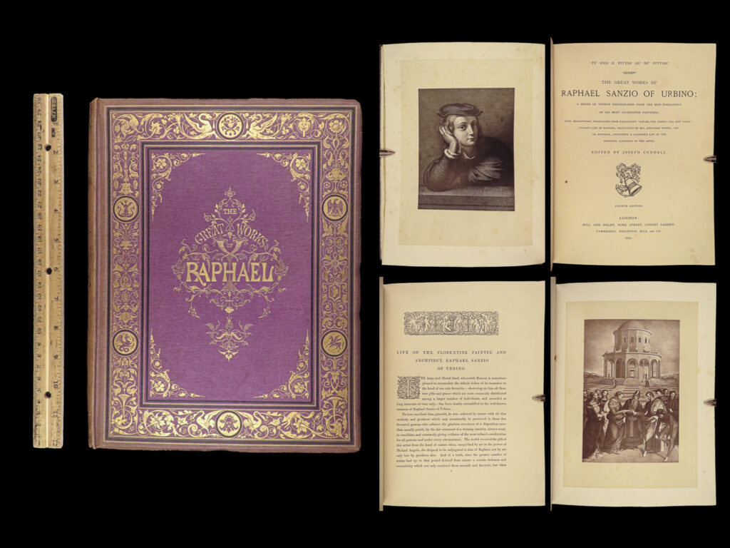1870 raphael sanzio of urbino high renaissance art italian paintings photographs | “<em>the great works of raphael sanzio of urbino; a series of twenty photographs from the best engravings of his most celebrated paintings</em>” is a distinguished publication edited by joseph cundall, showcasing a collection of raffaello sanzio da urbino’s masterpieces through the lens of 19<sup>th</sup>-century photography. This volume captures the essence of raphael’s artistry, revered for centuries, by presenting twenty meticulously selected works that have been admired and reproduced globally. The book leverages the transformative power of photography to offer a new dimension to experiencing raphael’s art, providing an accurate and delicate reproduction of the original engravings by renowned artists like raphael morghen and longhi desnoyers, among others.   accompanied by descriptive annotations drawn from giorgio vasari’s “life of raphael” and johann david passavant’s detailed accounts, this compilation not only celebrates the visual splendor of raphael’s works but also enriches the reader’s understanding of his artistic legacy. An appendix listing raphael’s principal paintings further complements this comprehensive tribute to one of the most celebrated figures in the history of art.