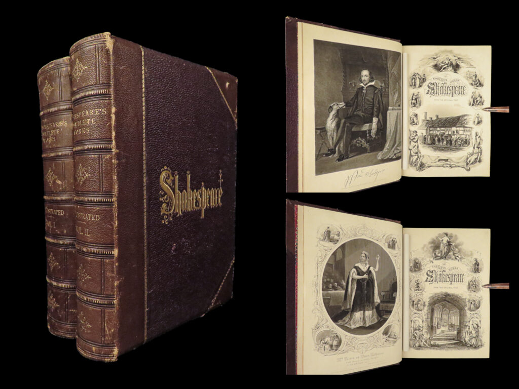 1878 exquisite william shakespeare illustrated charles knight romeo juliet 2v | a beautiful 19<sup>th</sup>-century edition of the works of william shakespeare!   in the mid-19<sup>th</sup>-century, charles knight published an illustrated edition of the works of shakespeare, a set that proved to be very popular throughout the english-speaking world, into the late 1800s. It included all of the famous works one would expect to be in a collection of shakespeare, but unlike other editions of the same era, this particular example features the impressive full-page engravings of character portraits.   this 1878 american edition was published in philadelphia by amies. An impressive example of shakespeare.
