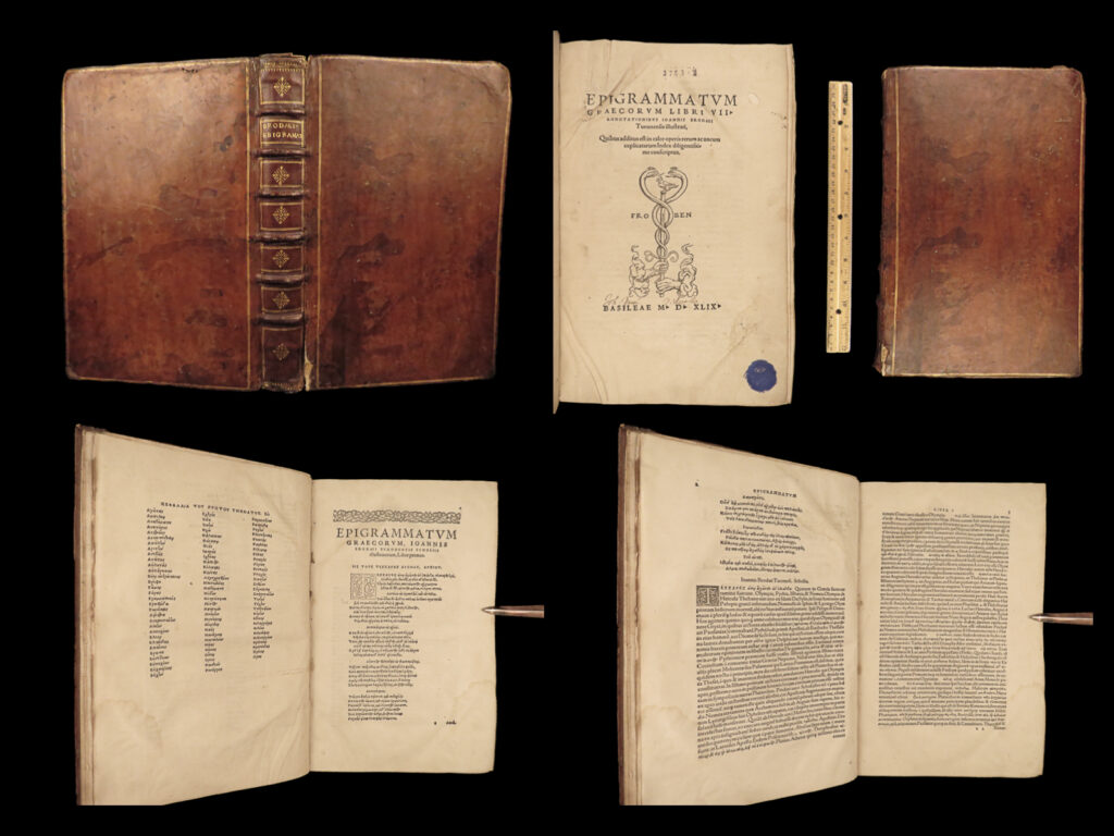 1549 froben greek anthology 1ed brodeau greece philosophy planudean palatine rare | the <em>greek anthology</em> is a rare collection of 10<sup>th</sup>-14<sup>th</sup>-century greek poetry and epigrams from ancient poets including archilochus, alcaeus, simonides, the palatine anthology, and the planudean anthology. This portfolio of poems has been the focus of numerous commentaries for centuries, perhaps most notably from jean brodeau. His “<em>epigrammatum graecorum</em>” has been <strong>considered one of the best of its kind</strong> – a huge 16<sup>th</sup>-century folio filled with the greek poems and latin commentary.