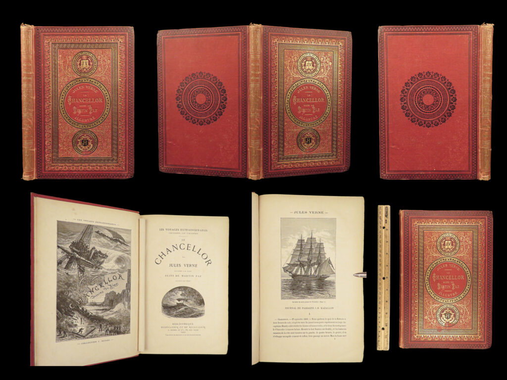 1875 jules verne 1ed wreck of the chancellor + martin paz french hetzel voyages | <em>“reality provides us with facts so romantic that imagination itself could add nothing to them. ” </em> <em>― </em>jules verne <em> </em> jules verne’s adventure novels are some of the most popular and famous works of literature of all time. Known mostly for his works of science fiction, ‘<em>voyages extraordinaires</em>’ was verne’s largest collection of fantasy novels and stories. Verne’s ‘<em>wreck of the chancellor</em>’ is the story of the final voyage of british sailing ship the chancellor, told from the perspective of the diary one of its passengers. At the beginning of its voyage, the chancellor carried eight passengers and twenty crew members, but tragically, by the end, only eleven people remained alive. <em> </em> this undated first hetzel edition was published alongside verne’s ‘<em>martin paz’</em>, a short story of jewish man promising his daughter to a catholic man in peru. This issue is the first issue to include the ‘jv – jh’ initials on the front cover. Note that the 1875 first edition dating is found in the ads at the end.