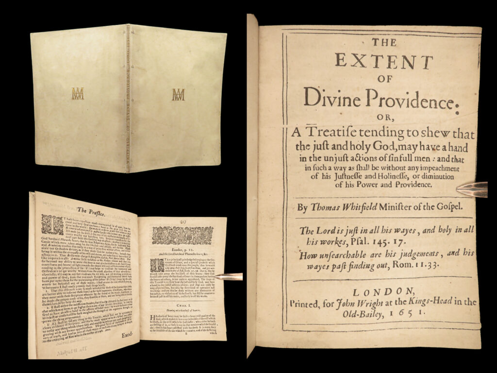 1651 puritan 1ed thomas whitfield bible providence rare cromwell london reformed | thomas whitfield’s “<em>extent of divine providence</em>” is a rare, 17<sup>th</sup>-century puritan treatise describing the character of god. Whitfield, who was known for his involvement in the puritan movement in the first half of the 17<sup>th</sup>-century, wrote this short sermon-like treatise to describe god’s ability to influence sinful men and ‘lead them not into temptation’, as whitfield quotes jesus.