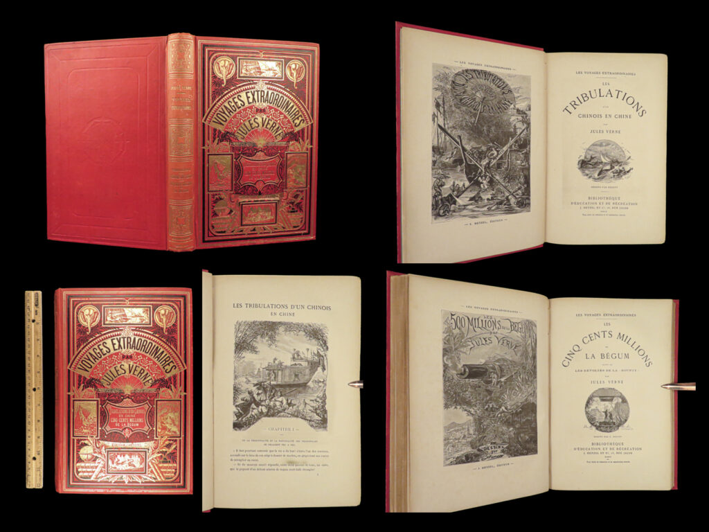 1879 jules verne 1st/1st tribulations of chinaman + begum’s fortune 2in1 hetzel | jules verne’s adventure novels are some of the most popular and famous works of literature of all time. Known mostly for his works of science fiction, ‘<em>voyages extraordinaires</em>’ was verne’s largest collection of fantasy novels and stories. “<em>tribulations of a chinaman in china</em>”, first published in 1879, discusses, in a satirical view, the british trading opium in china and is filled with illustrations depicting adventures, shipwrecks, and sea battles.   in addition to ‘tribulations’, this volume is bound along with a first edition of “<em>les cinq cents millions de la begum</em>”, or ‘<em>the begum’s fortune</em>’ – verne’s dystopian and pessimistic portrayal of developmental sciences.   <em>note on dating</em>: like many other verne first editions, the title page included was issued in each edition, including later printings. This particular edition of verne’s was published in 1879 – note the ads at the end advertising for the releases in the 1880 print year. This edition also features the two elephants at the top corners of the front cover, <strong>indicative of earliest verne editions. </strong>  