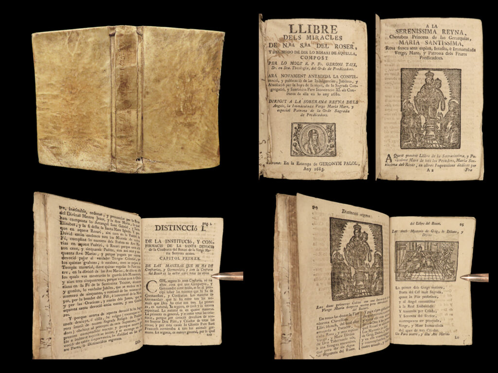 1685 carmelite miracles catalonia girona spain catalan dominican taix woodcuts |   a rare and rather obscure 17<sup>th</sup>-century catholic book of miracles! Written by dominican friar geroni taix, this book discusses the miracles of our lady of mount carmel as well as the history of carmelite traditions and doctrine. Taix includes prayers and short liturgical texts, miracle stories intended to offer hope to the poor and peasants living in catalonia.   this valuable, rare 1685 edition of taix’s “<em>miracles</em>” features 24 in-text woodcut vignette illustrations.