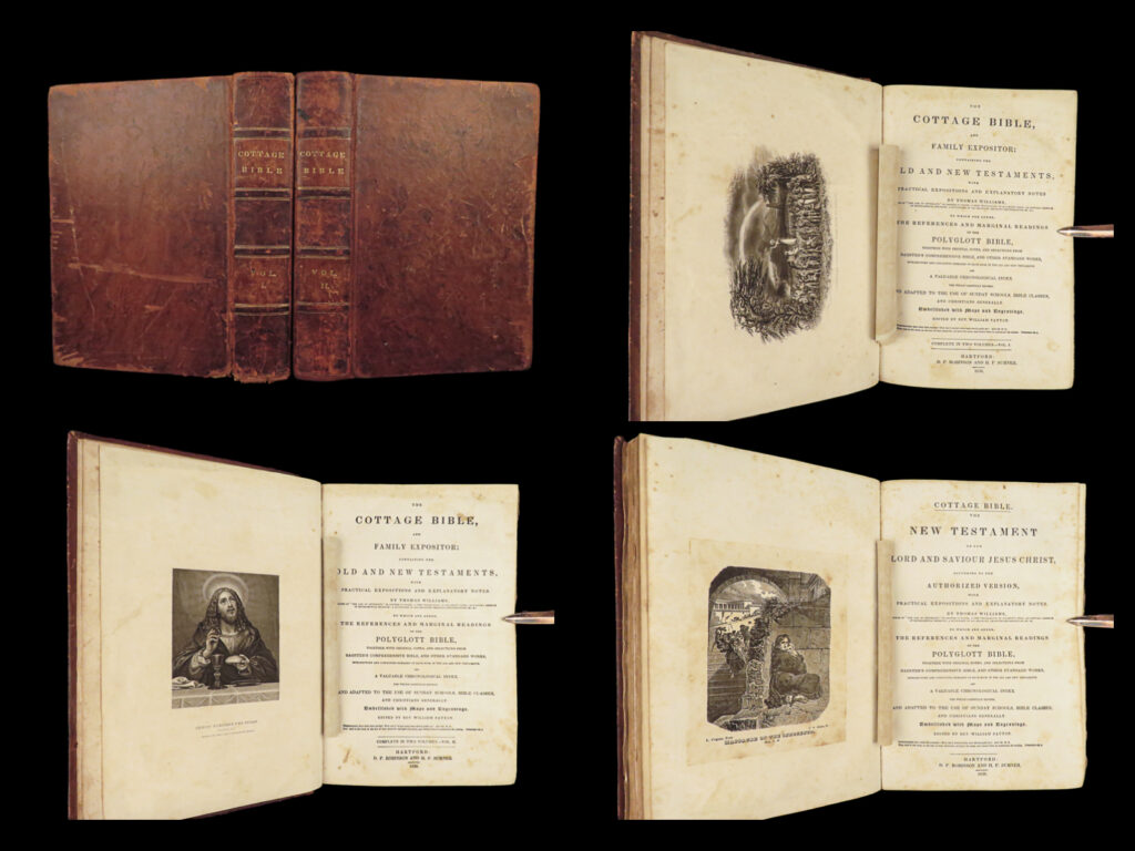 1836 cottage holy bible polyglott illustrated english kjv holy land maps 2v set | “<em>the cottage bible and family expositor</em>” was an 1824 study bible, compiled by thomas williams, who used sections of the polyglot bible as the basis for this english version. This 1834 printing was edited by william patton, a pastor and abolitionist from the late 19<sup>th</sup> century. Patton prepared the american editions, as the one featured here, which differed from the 1824 edition as it contained altered text considered to be a violation of the sacred text. It includes selections from bagster’s ‘<em>comprehensive bible</em>’ and has commentary and notes on each book of the old and new testaments.