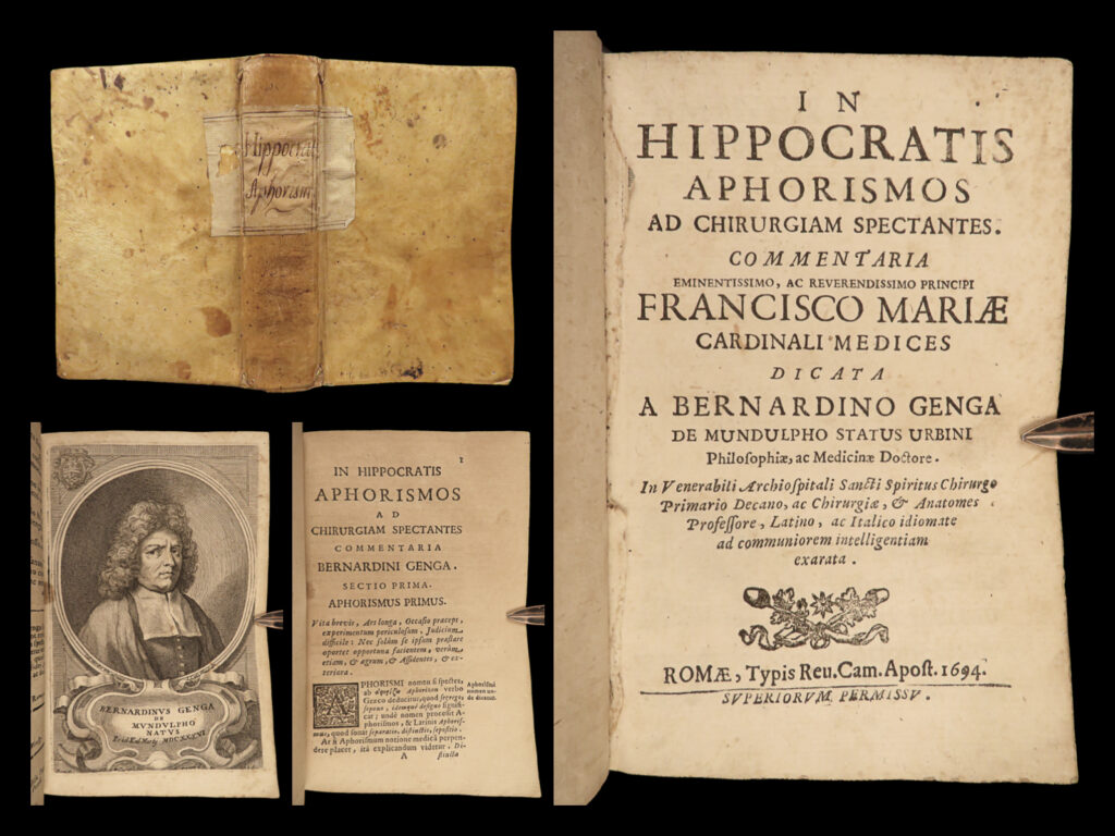 1694 hippocrates medicine secrets aphorisms surgery galen genga commentary roma | “<em>walking is man's best medicine</em>. ” ― hippocrates   known as the father of medicine, hippocrates was a greek physician from the 4<sup>th</sup>-century bc. He is recognized for his lasting contributions to the medical field by establishing it as a scientific study and not just a philosophy. One of his most important books was ‘<em>aphorisms,’</em> in which hippocrates wrote short proverbial principles on health and medicine. He discussed the secrets to long life, the importance of a healthy diet, appropriate amount of sleep, cures for pleurisy, pneumonia, melancholia, vertigo, dysentery, epilepsy, coughs, and which season each disease is most likely to occur.   this 1694 edition is notable for containing commentary by bernardino genga.