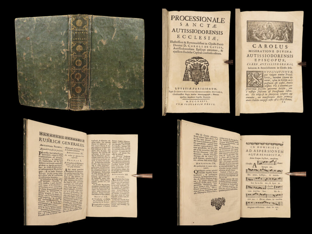 1736 music chant 1ed auxerre france processional catholic hymns latin burgundy | <u>only known edition of this rare 18<sup>th</sup>-century catholic processional. </u>   published in lutetia paris, “<em>processionale sanctae autissiodorensis ecclesiae</em>” is an extensive collection of chant hymns used at the cathedral of auxerre. This music book is rather unique. While books with printed music was published during this era, few were published with the sole purpose of collecting songs for mass and corporate worship. The plainsong itself is rather difficult to comprehend when compared to modern notation – it features square note notation as well as four-line staves (though, this was not atypical of this era of church music). Hundreds of individual hymns and liturgical songs appear throughout.