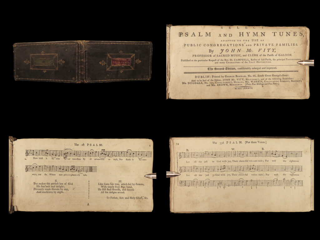 1787 irish hymnal dublin ireland hymns church music song old 100th doxology rare | john mcvity’s “<em>select psalm and hymn tunes</em>” is a rare, 18<sup>th</sup>-century irish song book. <strong>published in 1787 in dublin</strong>, this book was published for the use in both public and private worship. This music book contains music tunes with lyrics, as well as a short music lesson at the start of the hymnal. While most of the tunes are unfamiliar to modern church-goers, it does include one of the most famous tunes ‘old 100<sup>th</sup>’ – more commonly known as ‘the doxology’.  