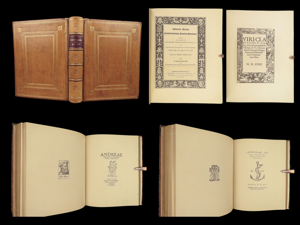 1870 andrea alciati emblems emblematica holbein mythology 100s woodcuts rare | <em>“plenitudo potestatis nihil aliud est quam violentia. ” </em>(the fullness of power is nothing more than violence). <em>― </em>andrea alciati   an incredible first edition of alciati’s ‘<em>emblemata’</em>. This 1549 edition includes countless woodcut-engraved devices. These illustrations helped inspire thousands of imitations throughout europe on secular and religious themes. Devices depict pastoral scenes, cathedrals, military, mythological creatures, and more. ‘<em>emblematica’</em> provides important clues and shows - with brevity of style - concern for the eternal nature of man and human nature. Per saunders in “<em>the 17<sup>th</sup>-century french emblem</em>,” “alciato’s emblem book went through a large number of transformations from the original very crude and simple form. Its early transformation into a work which was both aesthetically more pleasing and visually more accurate…with a very different treatment of the original… by claude mignault in 1584. ”   this beautiful 19<sup>th</sup>-century facsimile edition of alciati’s emblems was collected and edited by henry green who included alciati illustrations from his 1531, 1534, and 1546 editions of alciati.