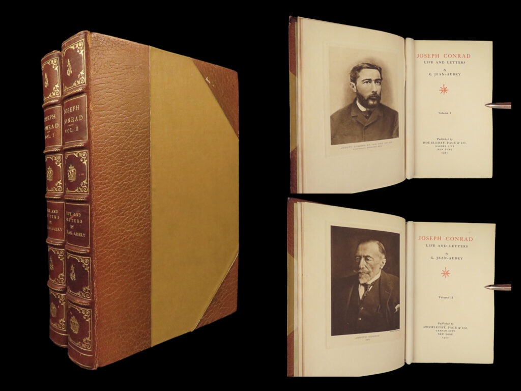1927 joseph conrad 1ed life & letters novels poland lord jim fine binding 2v |   joseph conrad was a 19<sup>th</sup>-century polish writer known for his english novels even though he was not fluent in english. His many letters give a detailed glimpse into his life while living in all over europe – poland, france, england, geneva – as well as insight to his most influential novels like “<em>lord jim</em>” and “<em>the ni**er of the narcissus</em>”.   this stunning 1927 two-volume set of the letters of joseph conrad was published in new york by doubleday and features an exquisite brown-leather binding. Note the inclusion of maps, photographs of handwritten letters, and portrait photographs all collected and edited by g. Jean-aubry.