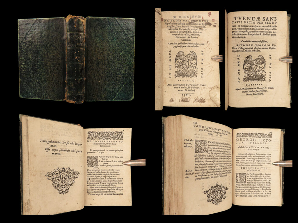 1575 catalan villanova good health salerno medicine bona valetudine diet 2in1 | arnaldus de villa nova was a 13<sup>th</sup>-century catalan physician whose primary focus of medicine was prevention through healthy living. He was well read in the works of galen and hippocrates and even translated them into latin. <strong>his writings, many on alchemical practices, caused him to be condemned by the church. </strong> nevertheless, his book “<em>de conservanda bona valetudine, opusculum</em>” <strong>proved to be one of the most reliable sources of healthy living for centuries</strong>. This book offered practical advice for living a long and healthy life such as ‘avoid large meals before bed’, ‘eat healthy food such as nuts’. This work was arnaldus’s commentary on the medical advices given from the schola medica salernitana, or school of salerno.