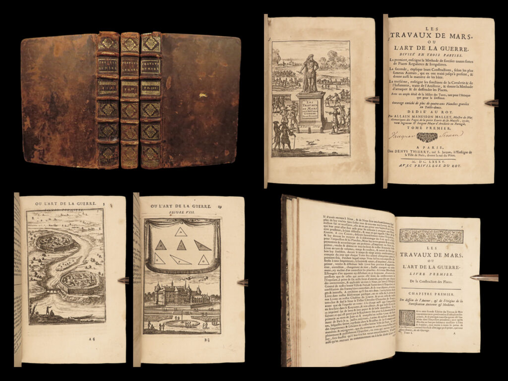 1685 illustrated art of war military fortification engineering travaux de mars | alain manesson mallet was an important 17<sup>th</sup>-century french cartographer and engineer who published a number of works on architecture and warfare. His most famous work ‘les travaux des mars’ was an interesting treatise in which mallet appears to have written two distinct works and published them under one title. Published in three volumes, the first two (which are entirely independent of the third) are concerned with an analysis of the architecture and engineering of many european cities, <strong><u>focusing special attention to fortifications and geometrical elements of city walls</u></strong>, which is depicted by over <strong>350 fascinating full-page engravings</strong>. Cities include douay, arras, lisbon, brest, barcelona, la rochelle, landrecy, and geneva. Each tome is illustrated with depictions of the fortifications.