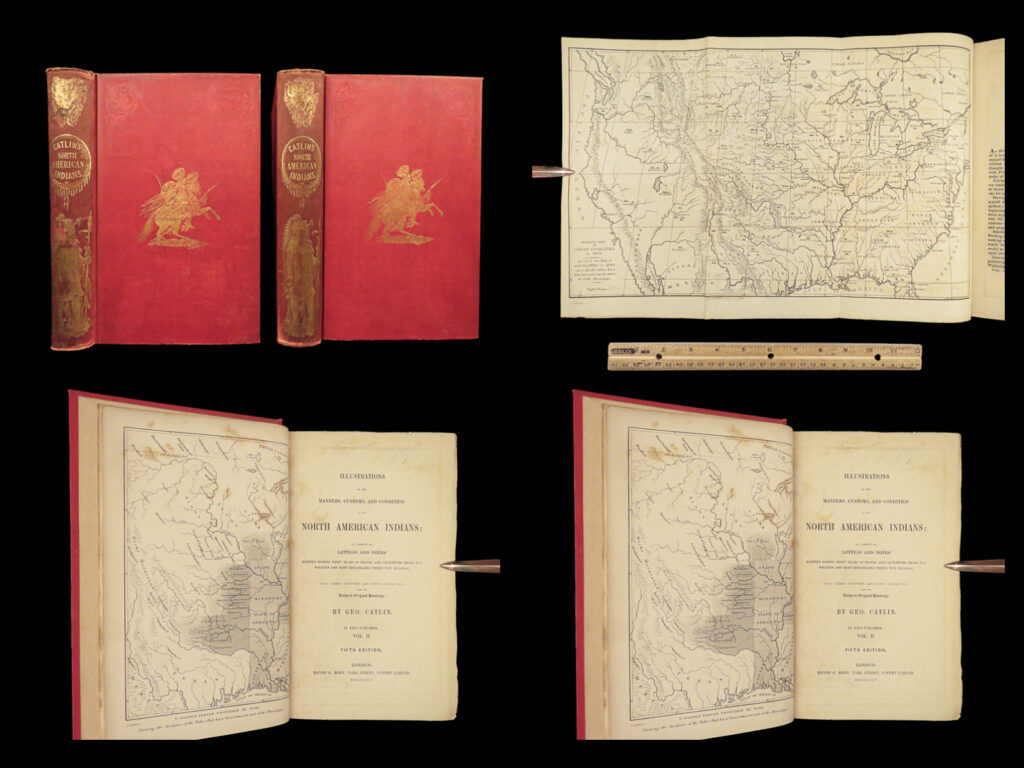 1845 indians george catlin on native americans sioux illustrated tribes map 2v | originally published in 1841, george catlin’s ‘<em>letters and notes on american indians</em>’ covers the lives, customs, hunting cultures, and societies of plains indians. Catlin, a painter and author, was the first white man to depict these indians in their native territories, whilst on his travels to the american west.   this 1845 english edition of “<em>american indian’s”</em> was published london and <strong><u>360 illustrations</u> </strong>depicting scenes of indian culture and customs, bear hunts, indian battles, and much more! These illustrations were published as a collection later following the success and popularity of this work.   according to wagner-camp, “catlin illustrated his book with line-cut reductions of his original paintings, and in the text described his adventurous years among the indians. He recorded his observations of ceremonies, dances, hunting methods, forms of warfare, and the ways of daily living among the major tribes of the high plains and the rocky mountains”.  